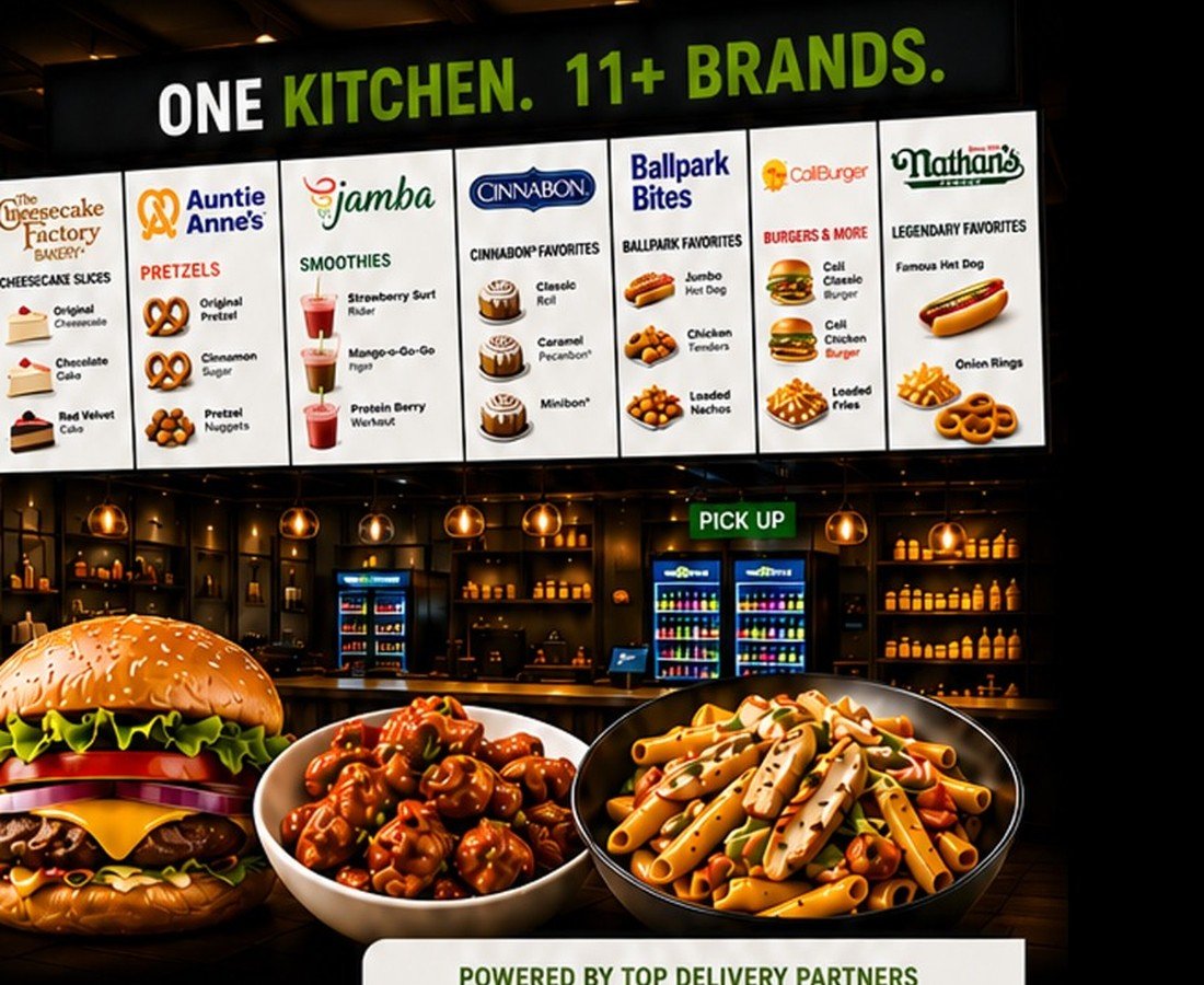 A multi-brand restaurant location with burgers, wings, and pasta